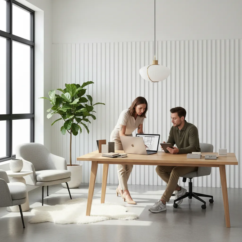 Interior designer with tattoos discussing a residential design plan with clients at a modern studio desk