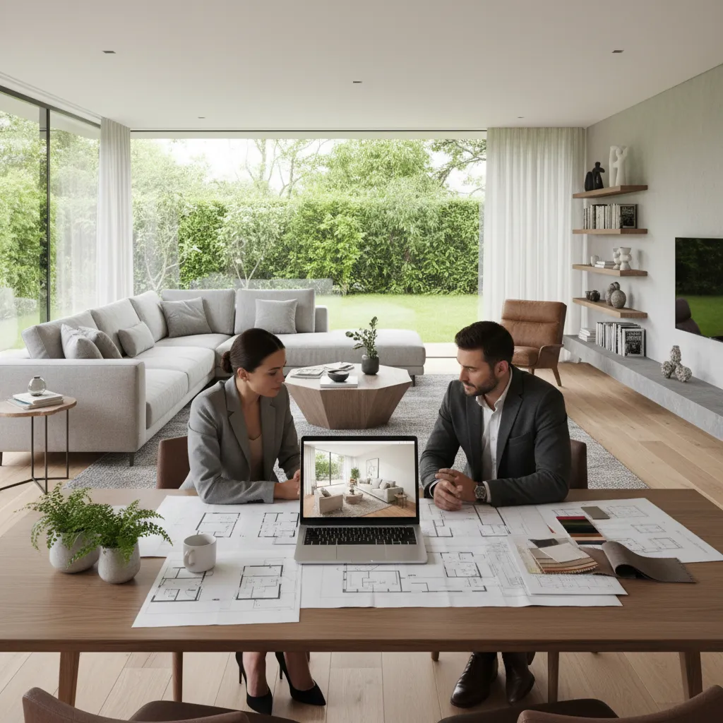 Interior designer discussing layout plans with a homeowner at a table with drawings