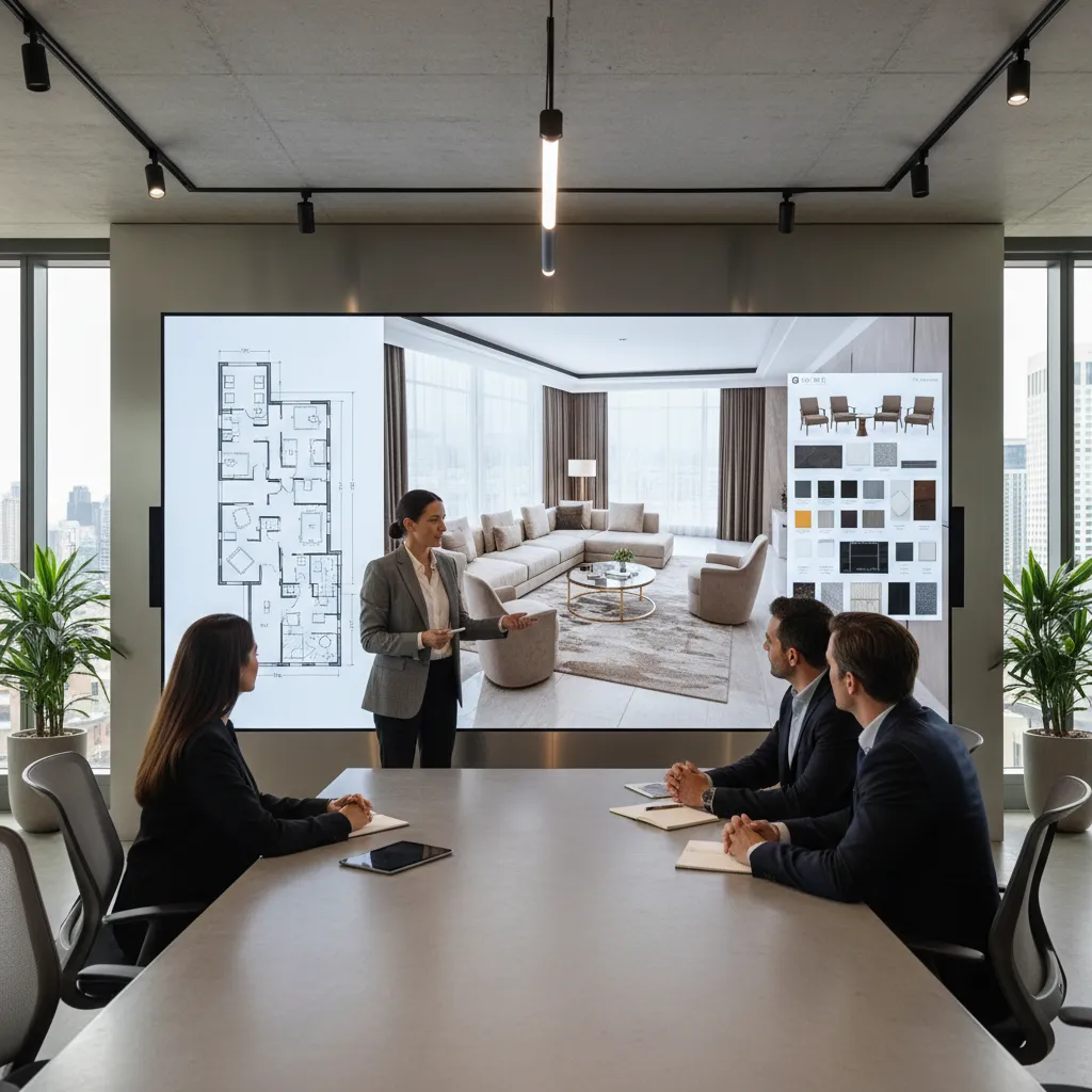 Diseñador presentando un proyecto de interiorismo a clientes