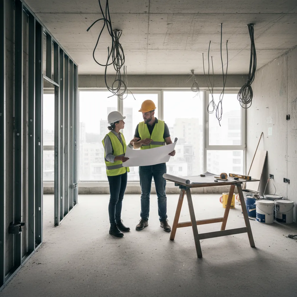 Diseñador de interiores revisando detalles en una obra de reforma