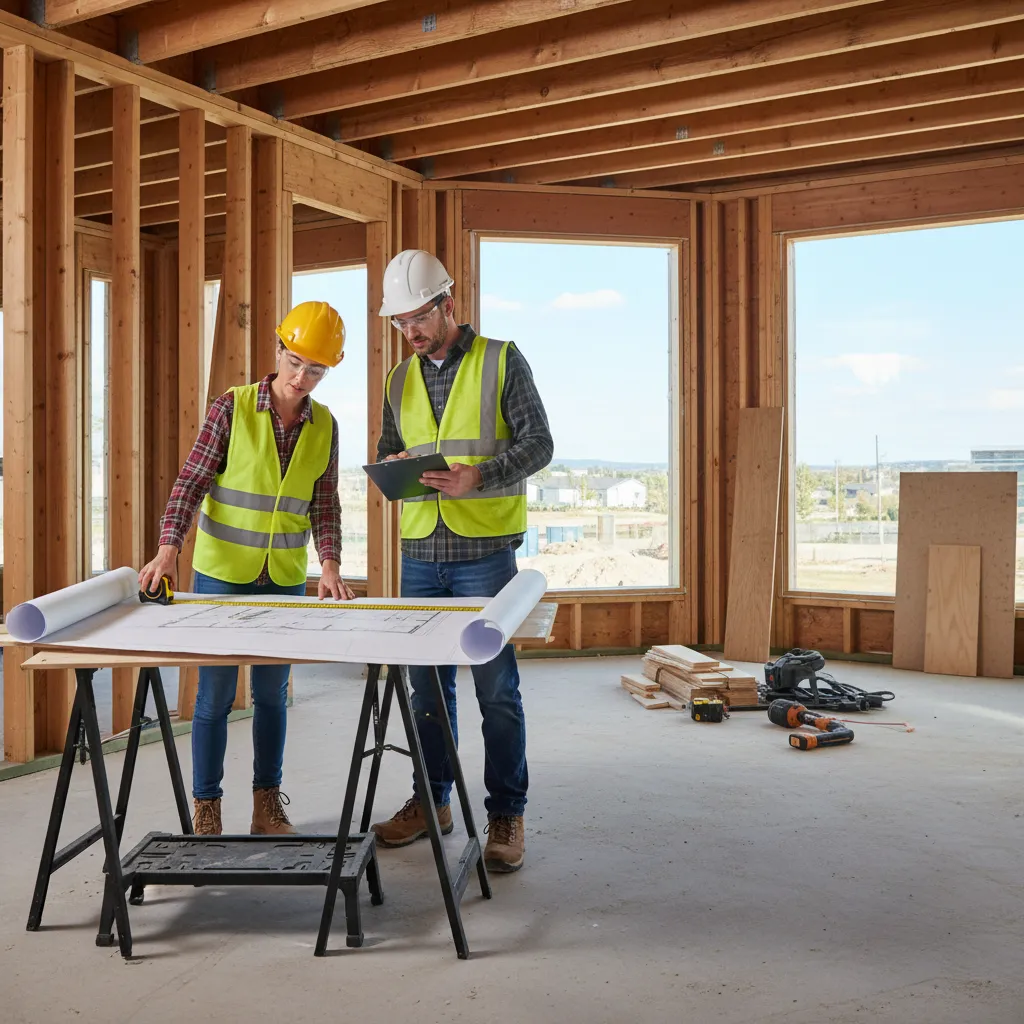 Interior designer reviewing construction site measurements with contractor