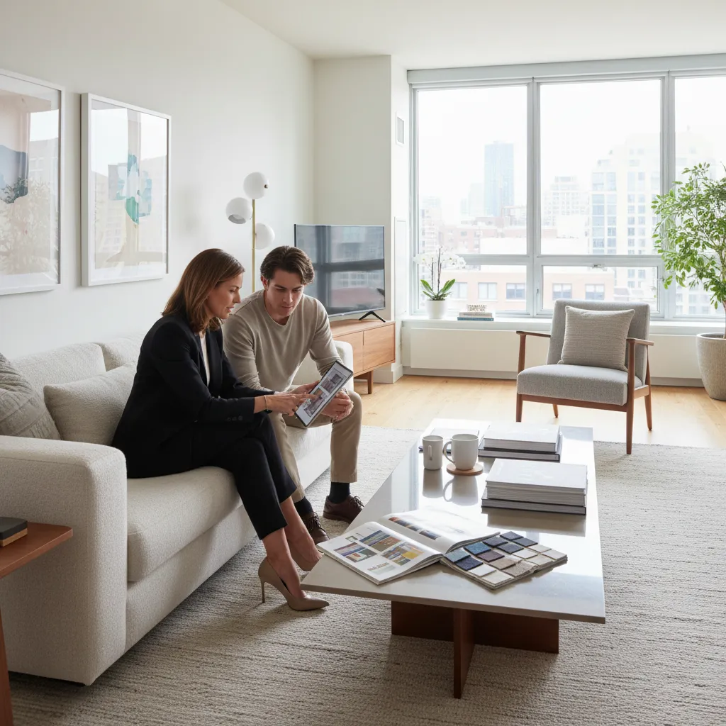 Decorador asesorando a una pareja en el diseño de su salón