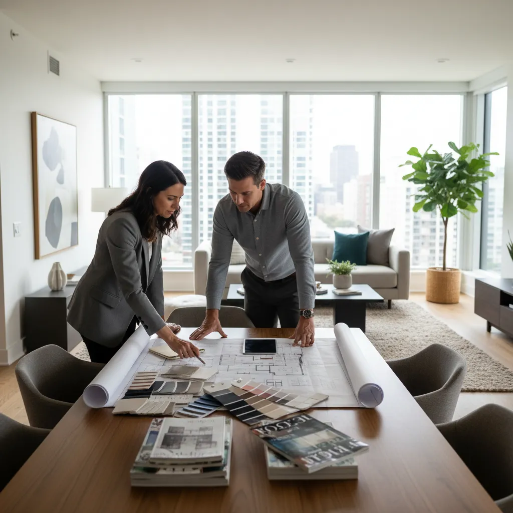 Diseñador de interiores explicando un proyecto a un cliente con planos sobre la mesa