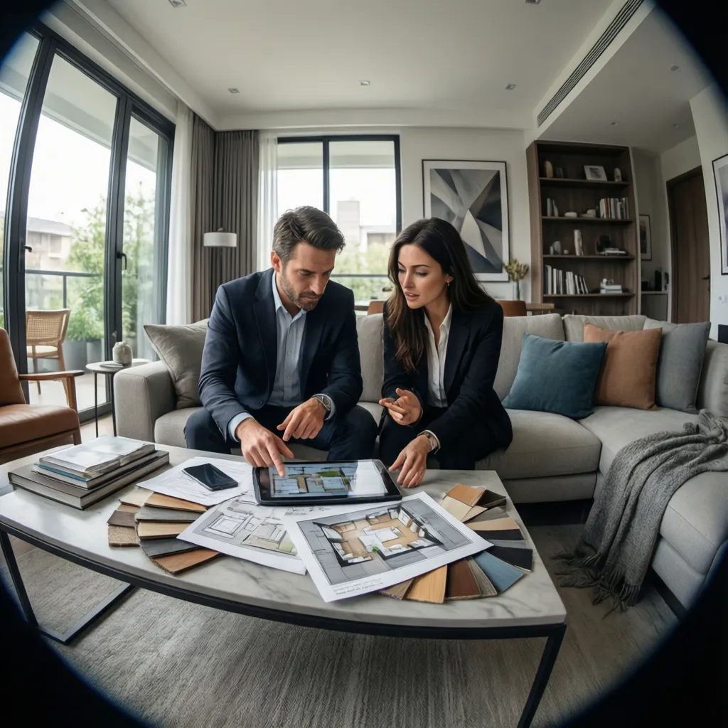 Decoradora de interiores asesorando a una pareja en su salón