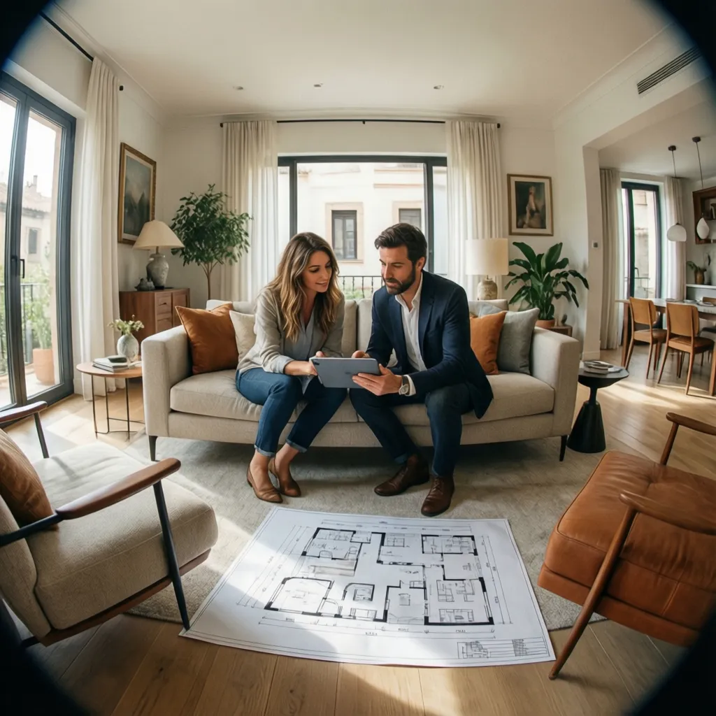 Decorador de interiores asesorando a una pareja en su vivienda