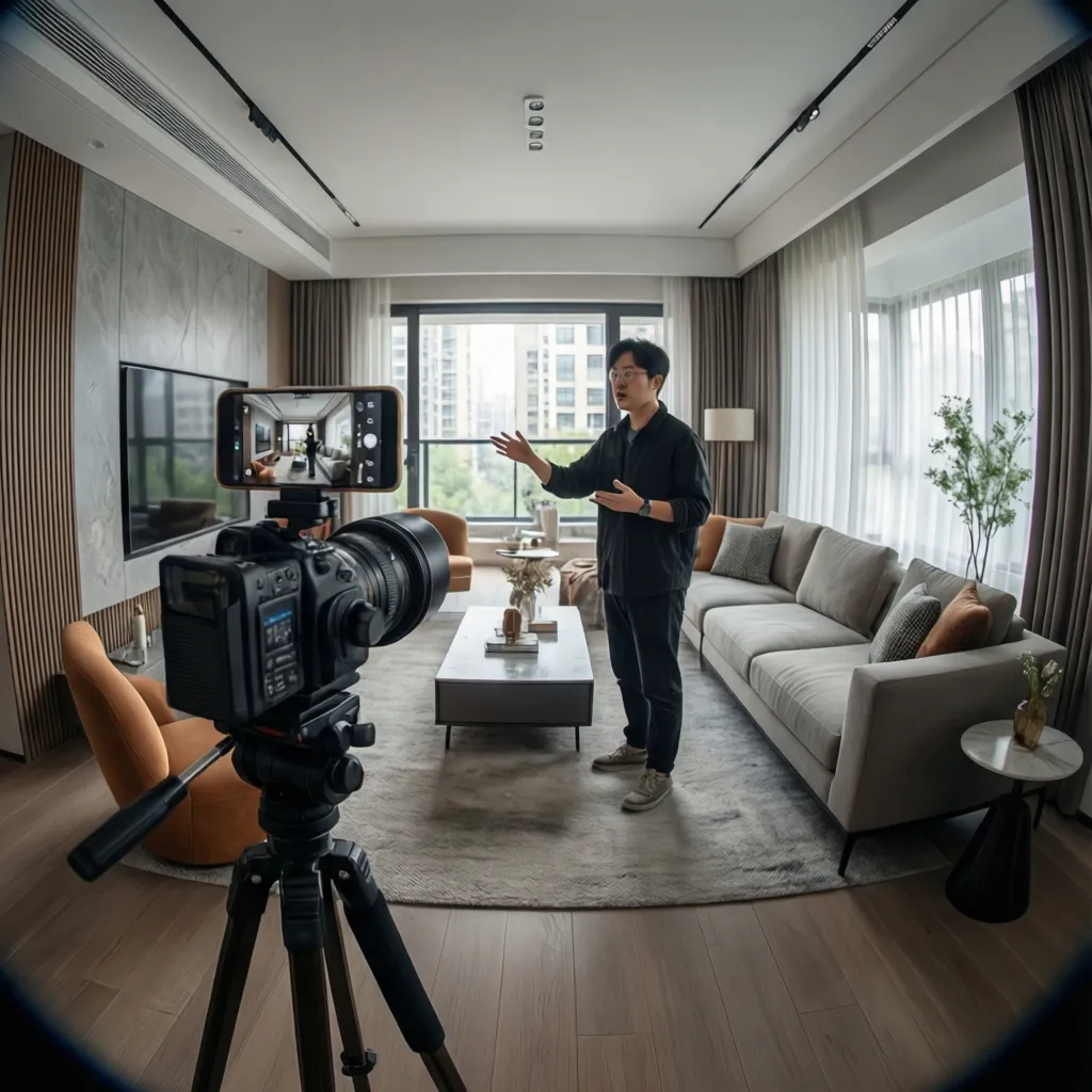 Decorador grabando contenido sobre diseño de interiores en una vivienda