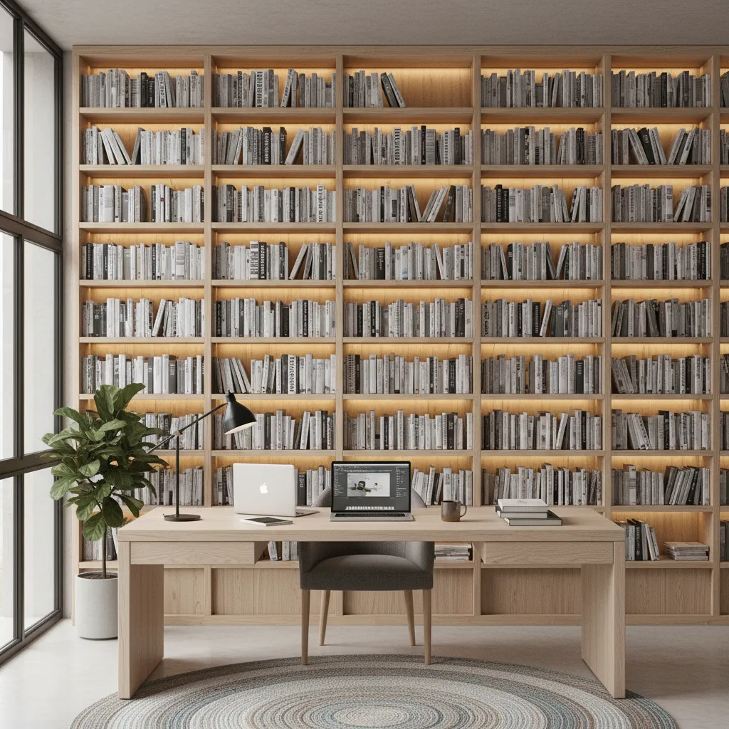 Interior design studio bookshelf filled with architecture and interior design books