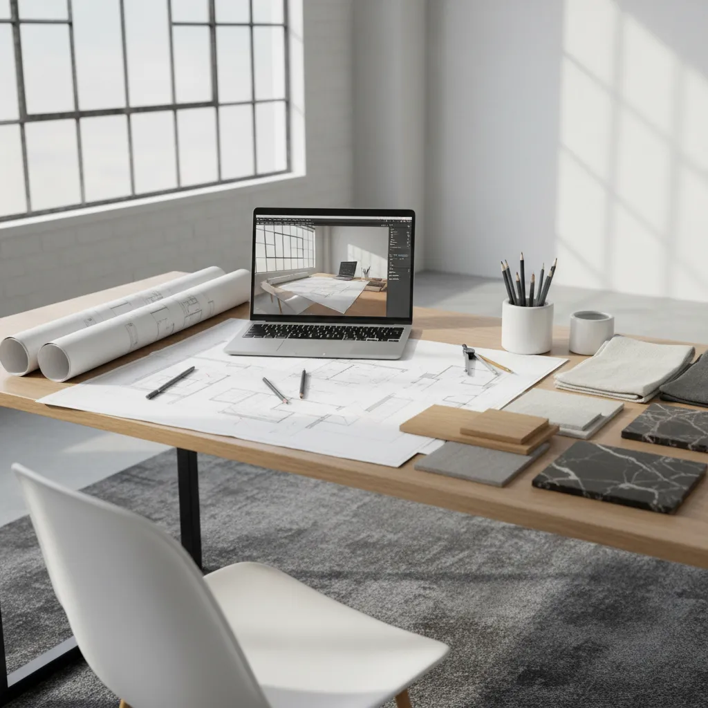 Escritorio de diseñador de interiores con laptop, planos y muestras de materiales