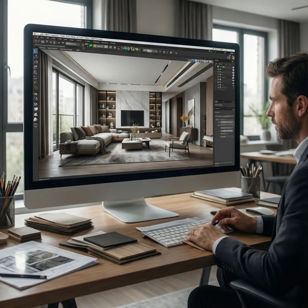 Diseñador revisando un proyecto de interiorismo en pantalla