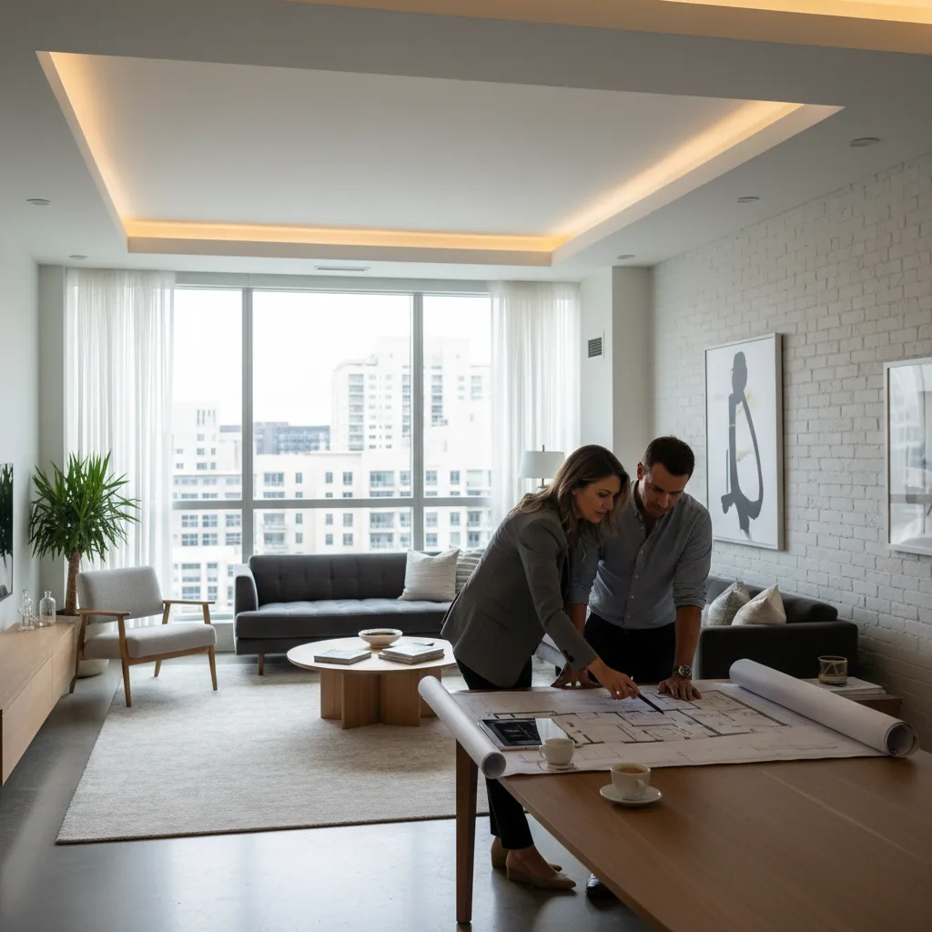 Interiorista mostrando planos de reforma a clientes