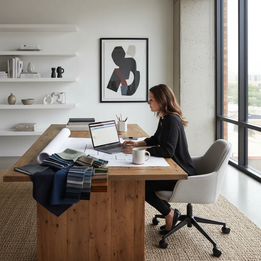 Interior designer planning project finances with laptop and design materials