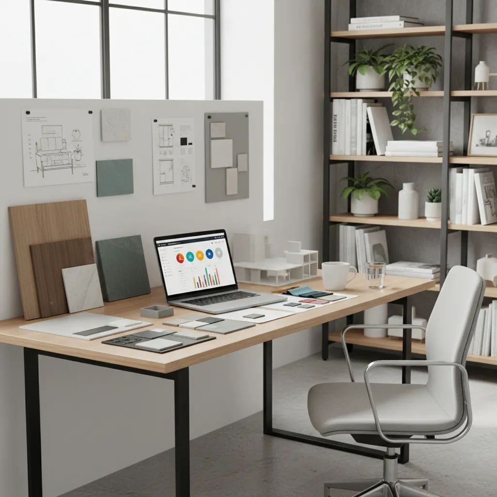 Interior designer reviewing invoices and project budgets on laptop at design studio desk