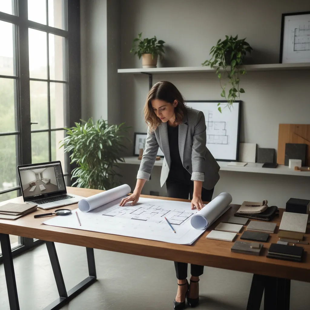 Diseñador de interiores trabajando con planos y distribución de espacio
