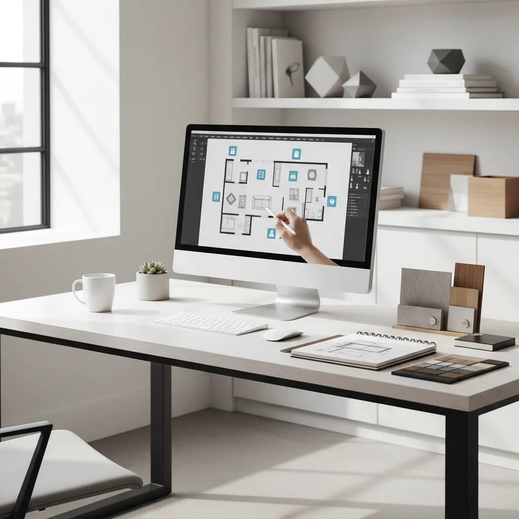 Junior interior designer developing furniture layout and floor plan on computer