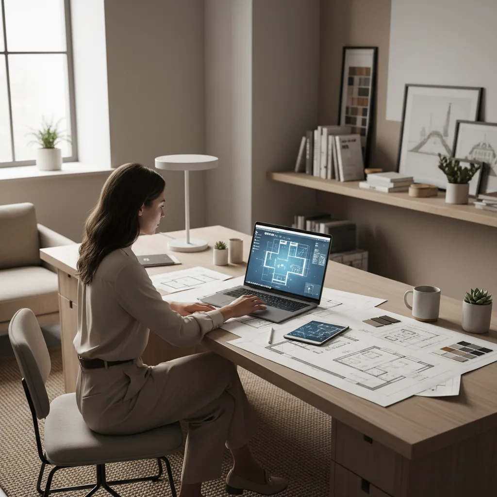 interior designer adjusting furniture layout on a digital floor plan