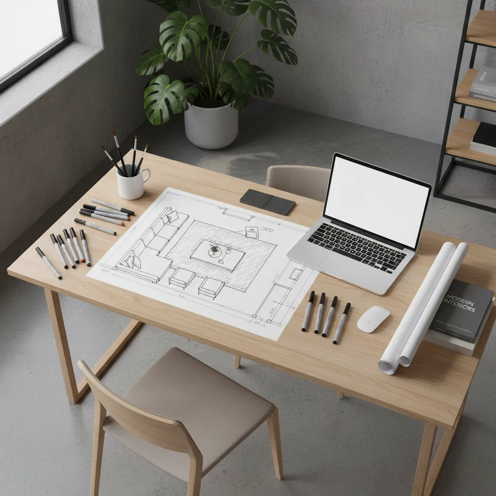 Interior designer reviewing a hand rendered furniture layout floor plan