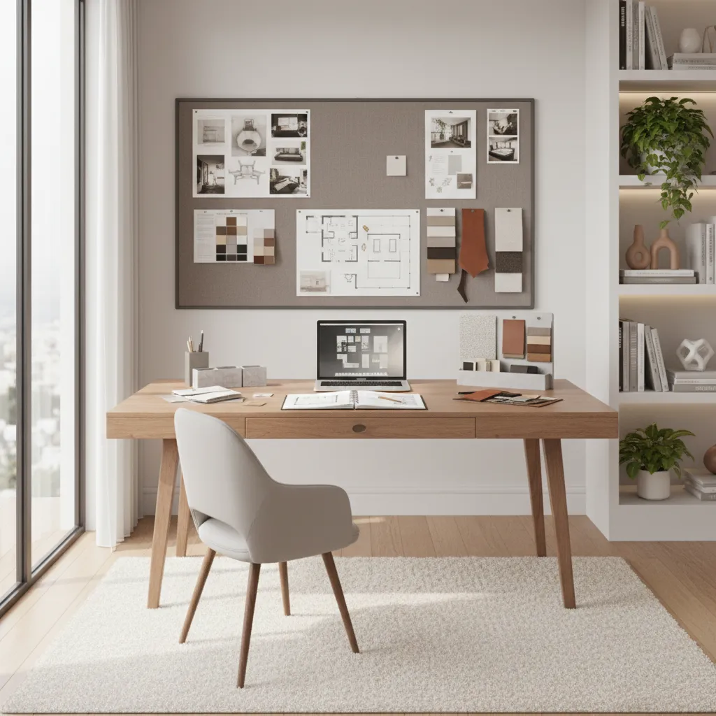 Freelance interior designer working at organized home office with design boards and laptop