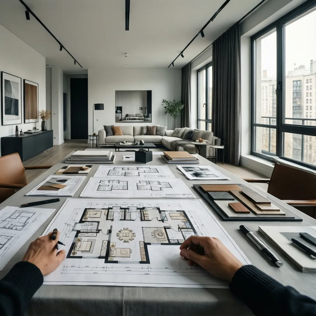 Diseñador revisando la distribución de una vivienda moderna