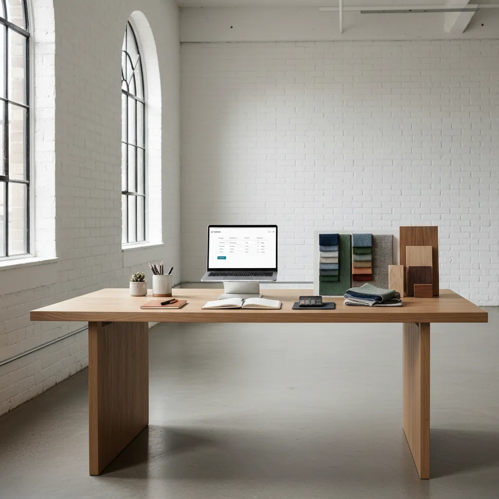 Interior designer reviewing invoices and material samples on desk with laptop