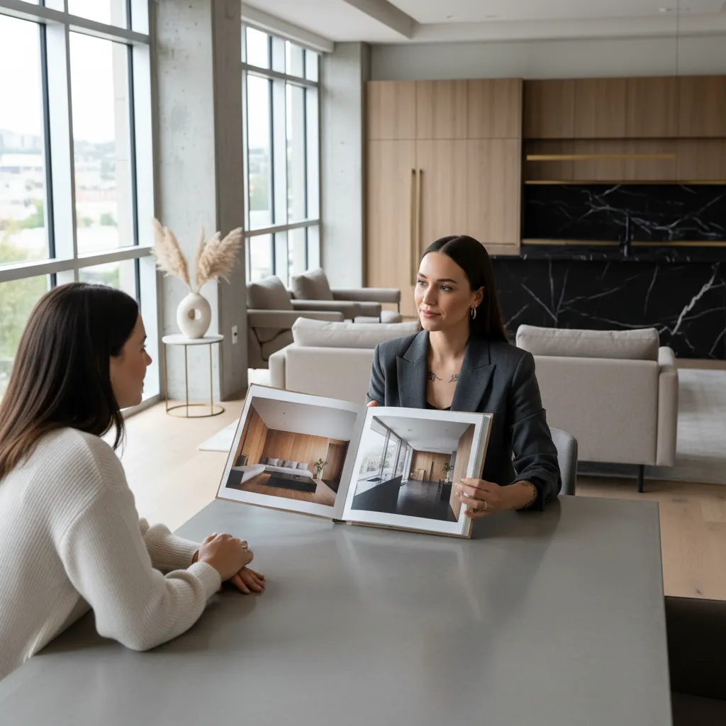 Interior designer showing portfolio during studio interview