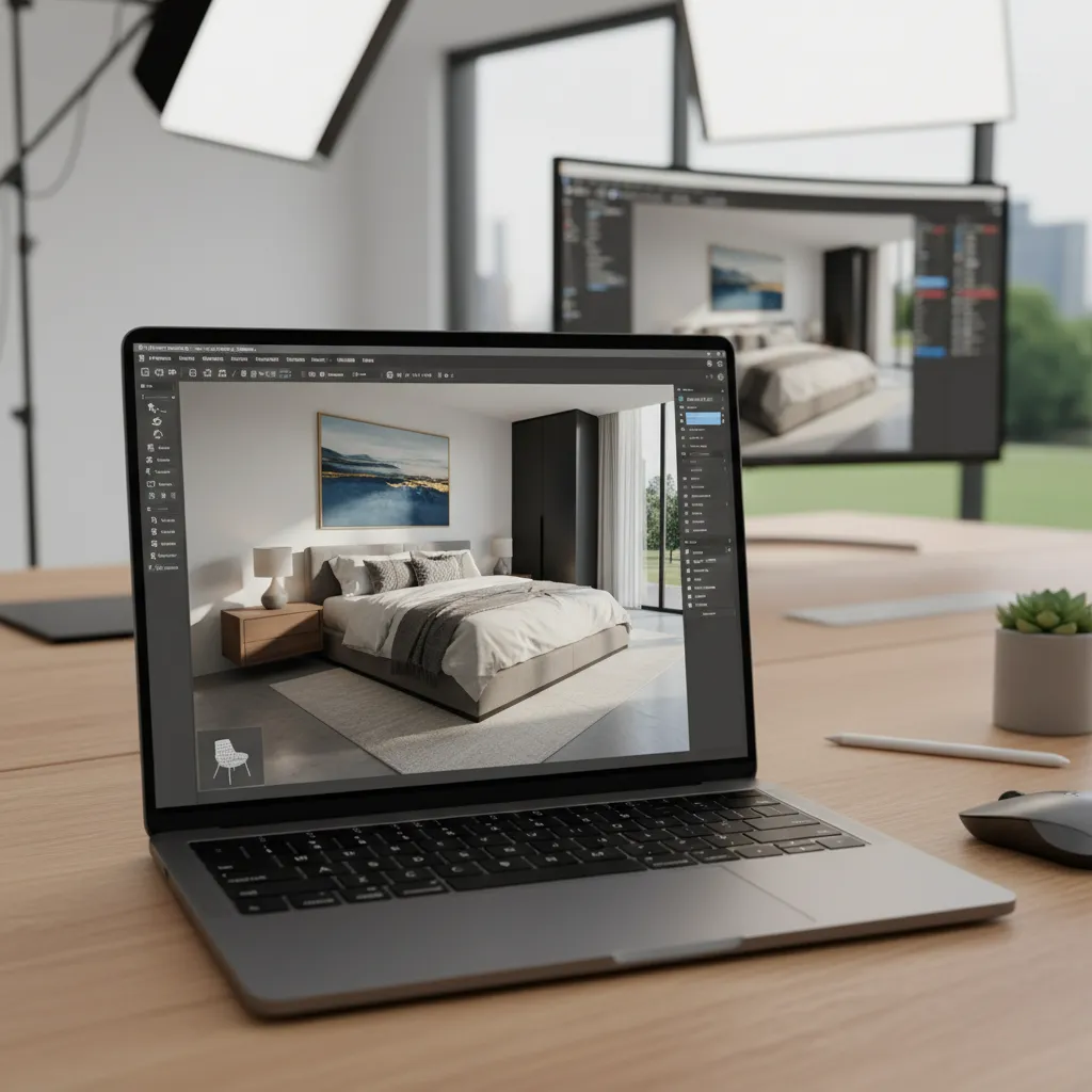 Modelo 3D de habitación abierto en portátil de diseñador