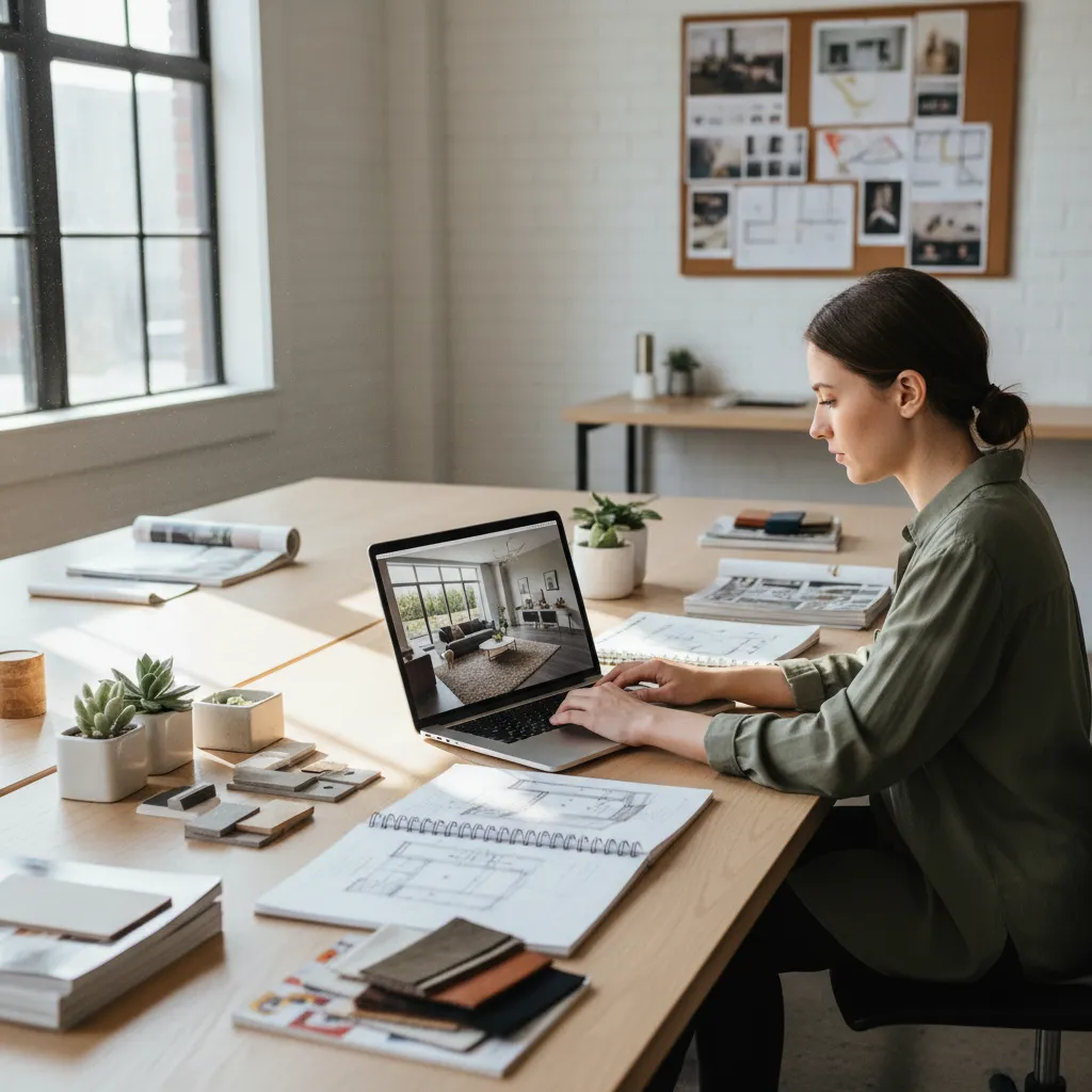 Diseñador de interiores trabajando con portátil y modelo 3D