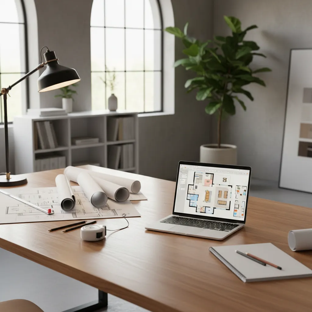 Interior designer planning room layout with laptop and printed floor plans