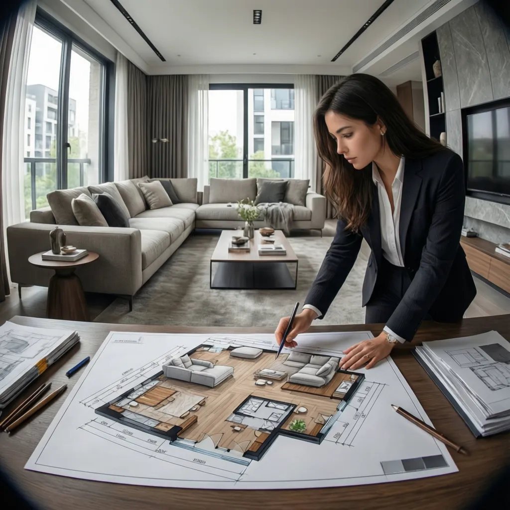 Diseñador revisando distribución de mobiliario en un salón