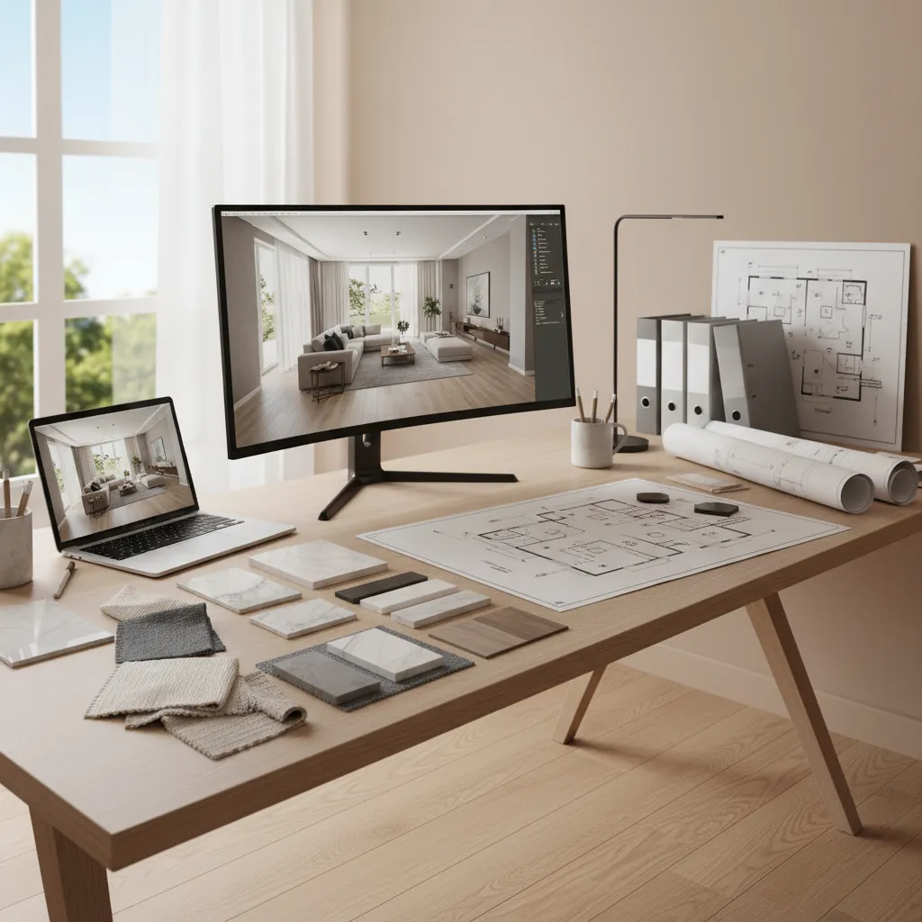 designer reviewing living room layout plans and materials