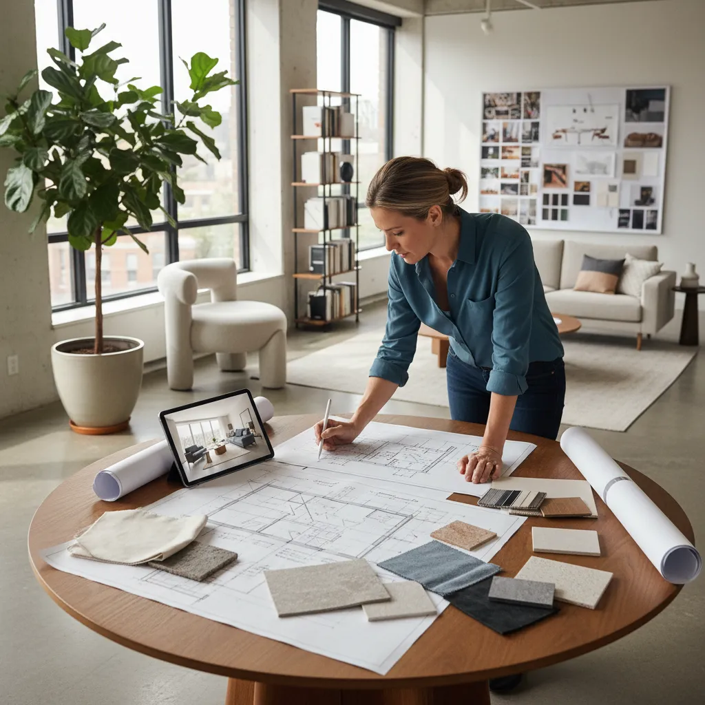Diseñador revisando el diseño de un salón moderno con planos sobre la mesa