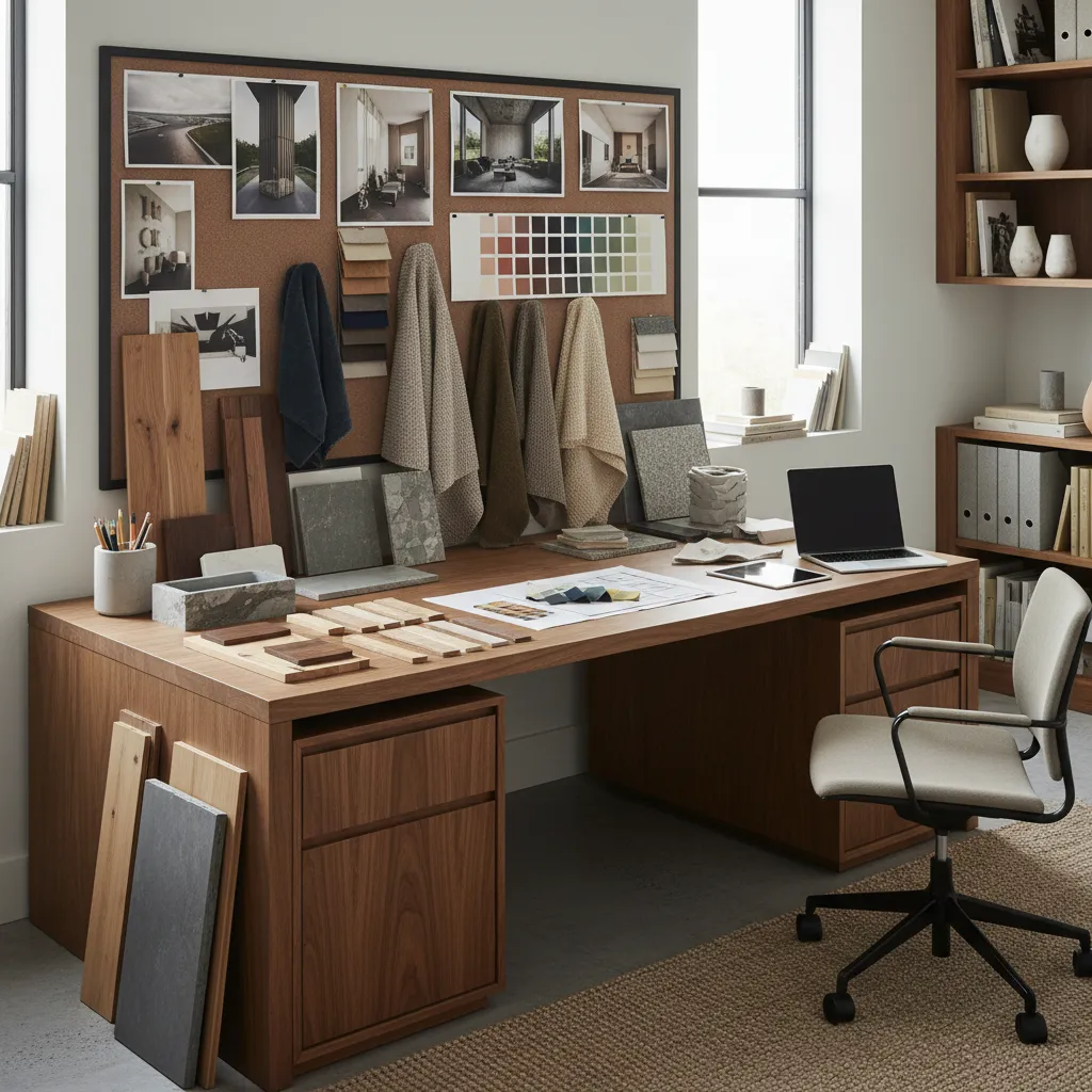 Diseñador de interiores trabajando con muestras de materiales y paleta de colores