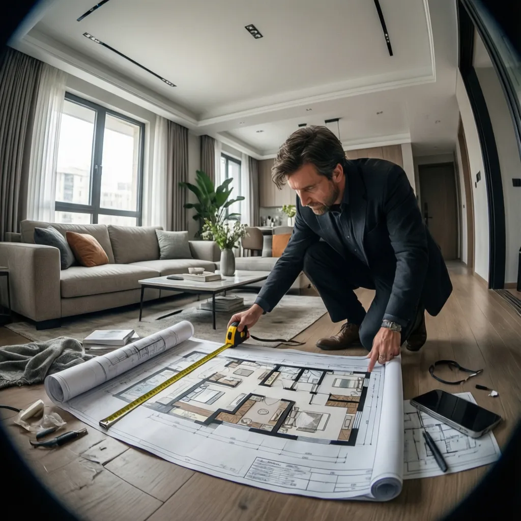 Decorador de interiores midiendo un salón antes de planificar la distribución