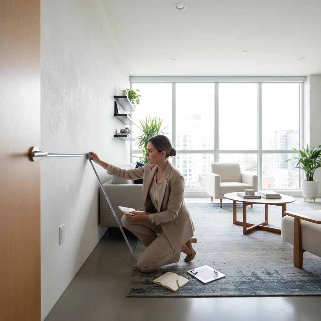 Diseñadora midiendo un espacio interior para planificar distribución