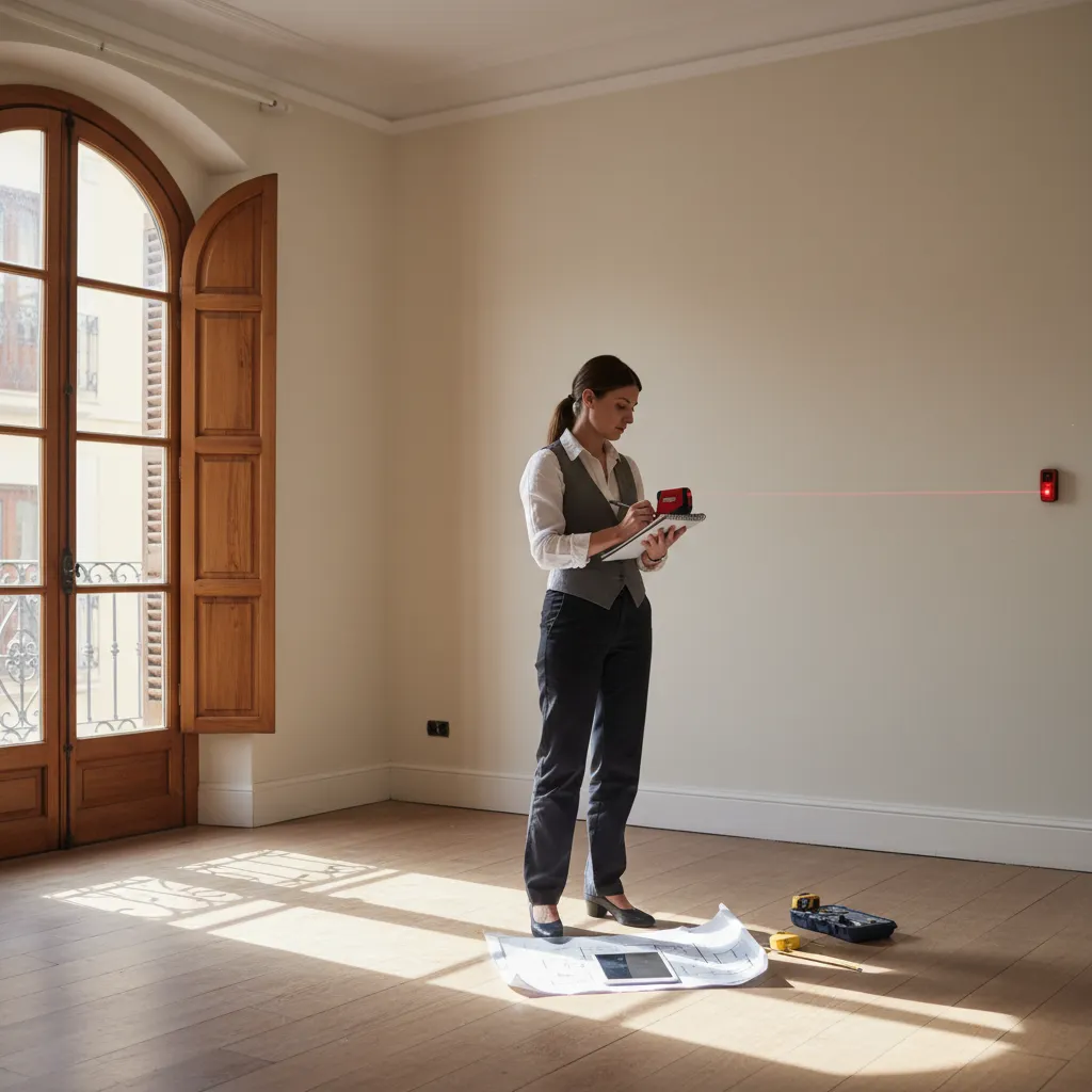 Diseñador midiendo una habitación antes de realizar el diseño interior