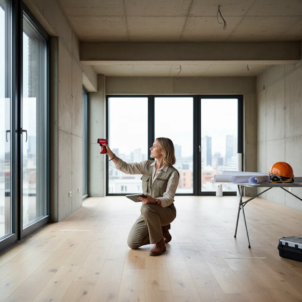 Female designer kneeling in empty room measuring wall with digital tool near windows and table