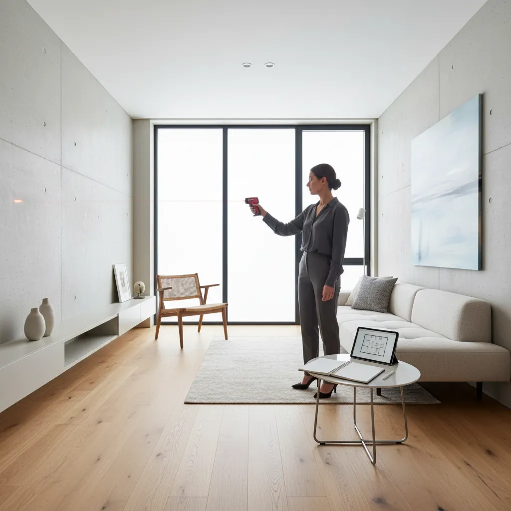 interior designer measuring a living room to create a floor plan