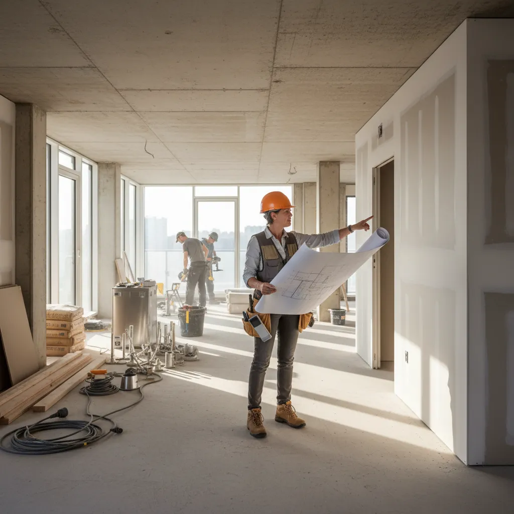 Decorador revisando obra en una vivienda en reforma