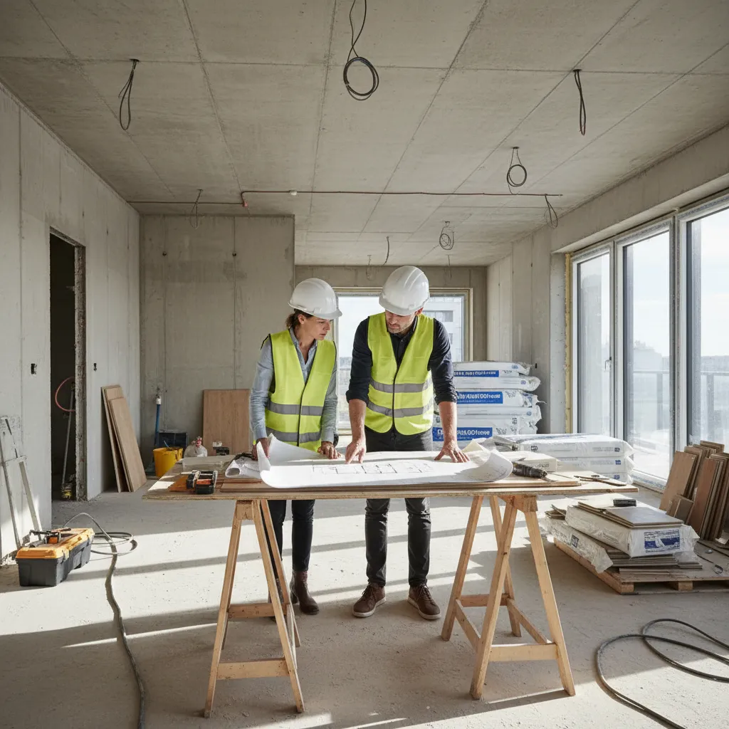 Two people wearing safety vests and helmets looking at room layout plans on building site