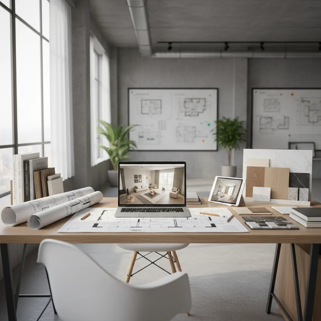 Interior designer reviewing architectural floor plans and layout drawings on a desk