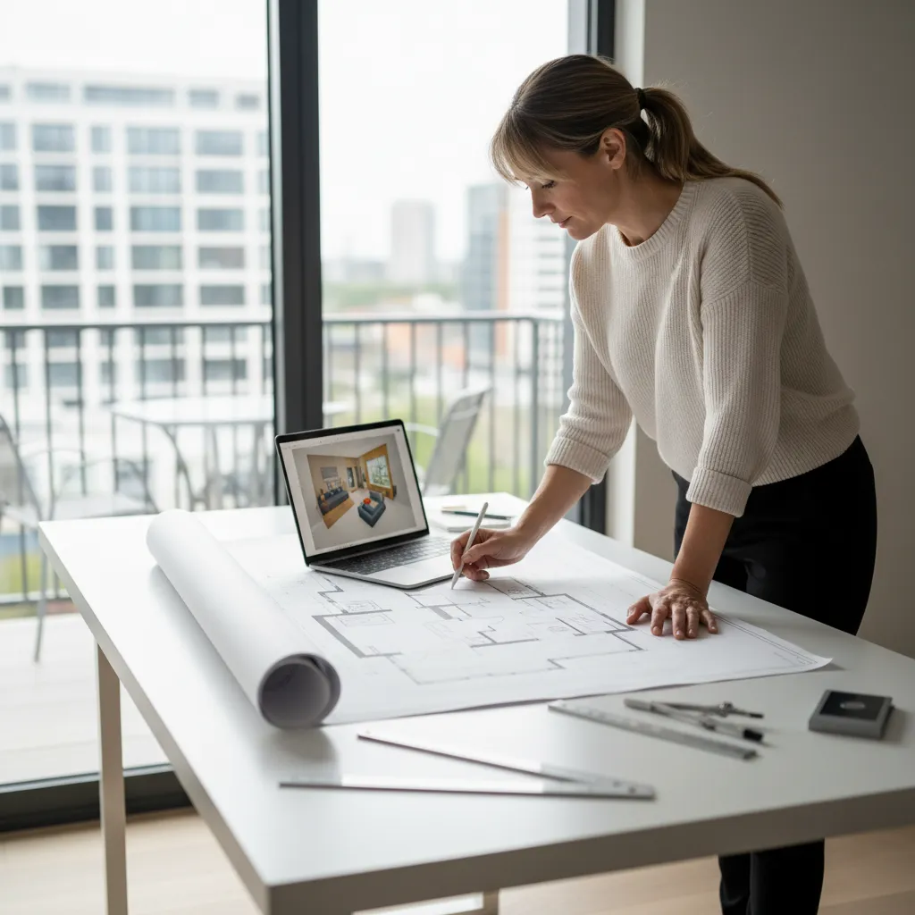 Diseñador revisando la distribución de un salón en planos