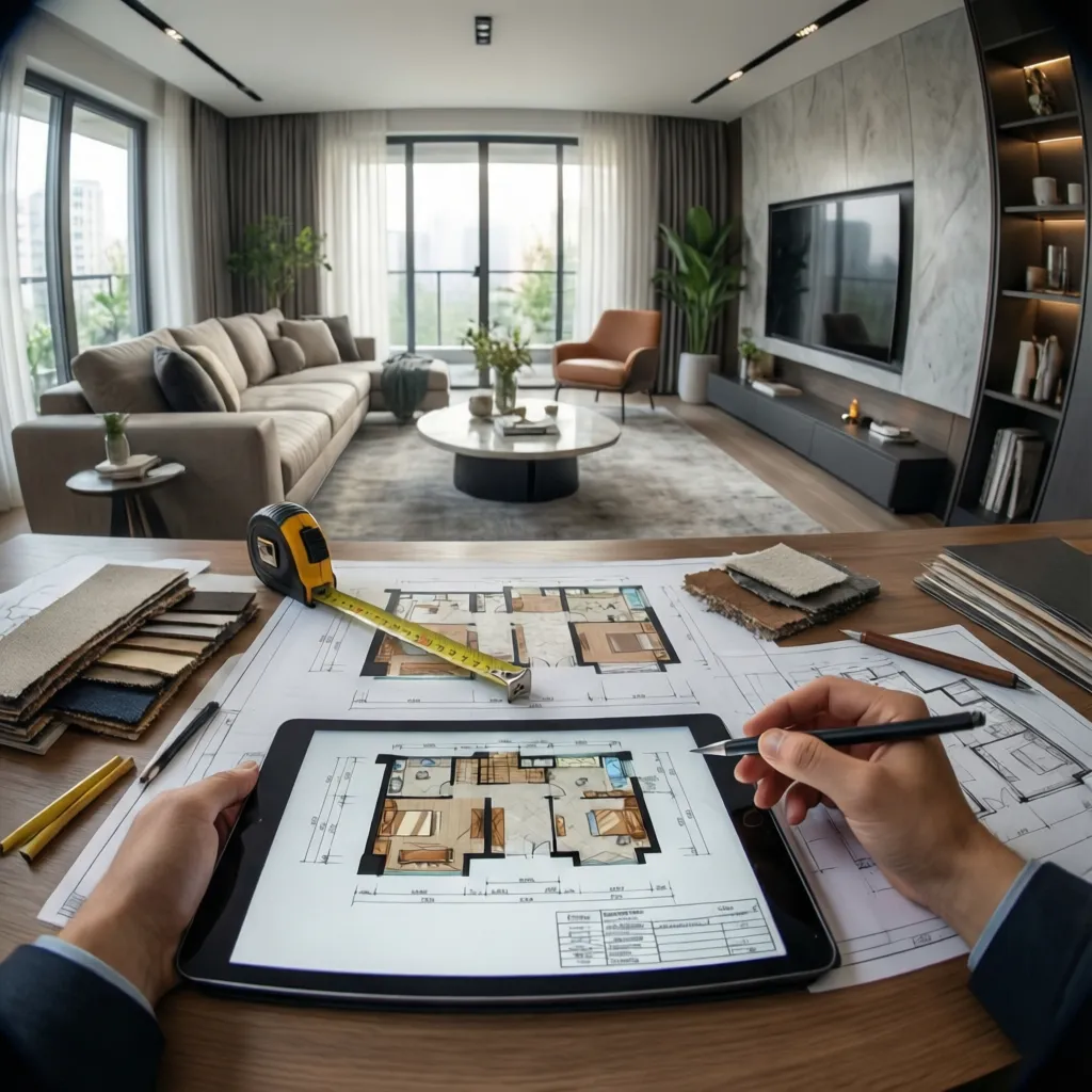 Diseñador analizando la distribución de un salón en planos y tablet