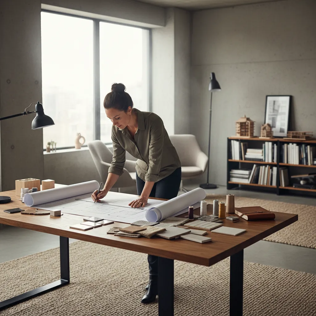 Diseñador revisando planos de un proyecto residencial