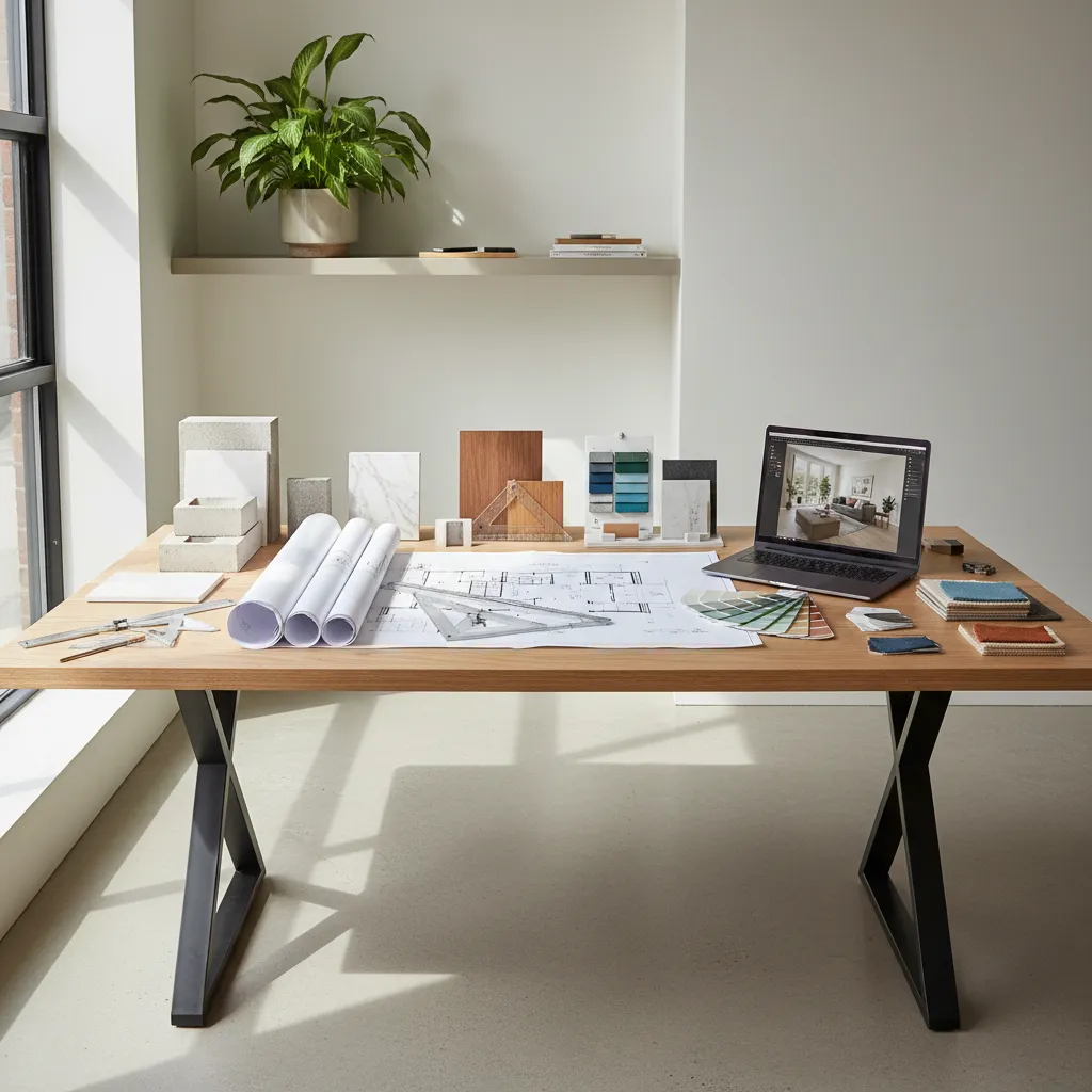 Diseñador de interiores trabajando con planos y muestras de materiales