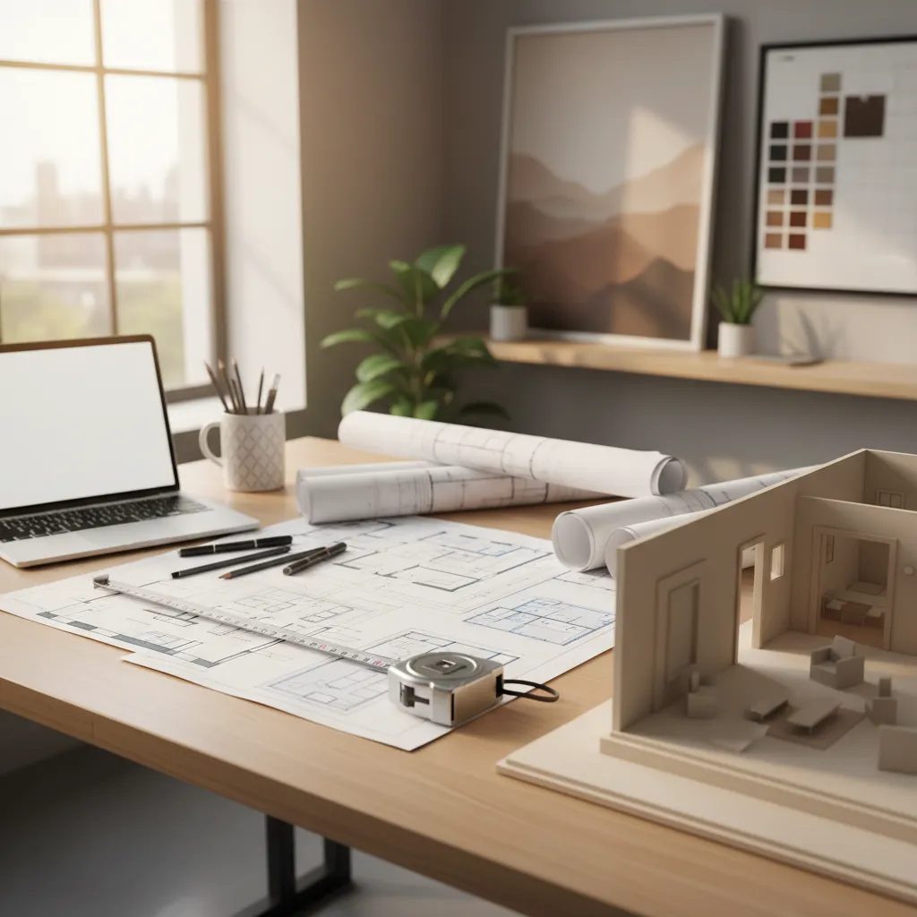 Interior designer reviewing floor plan layout sketches and measurements