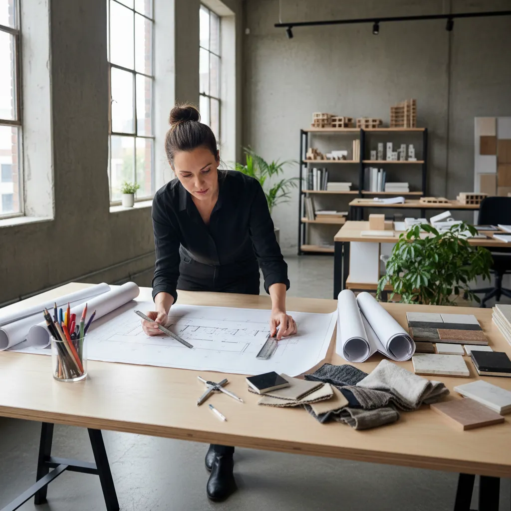 Diseñador revisando planos de distribución en una mesa de trabajo