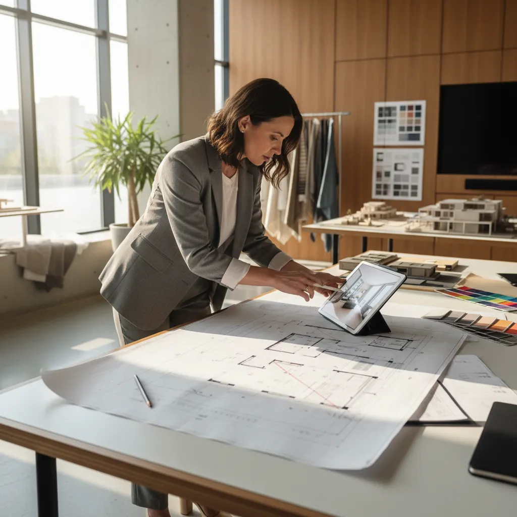 Diseñador analizando la distribución de un salón con planos y tablet