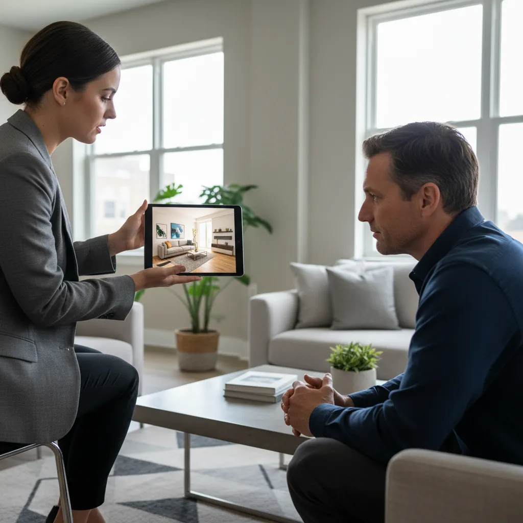 Diseñador presentando un proyecto de interiorismo a un cliente