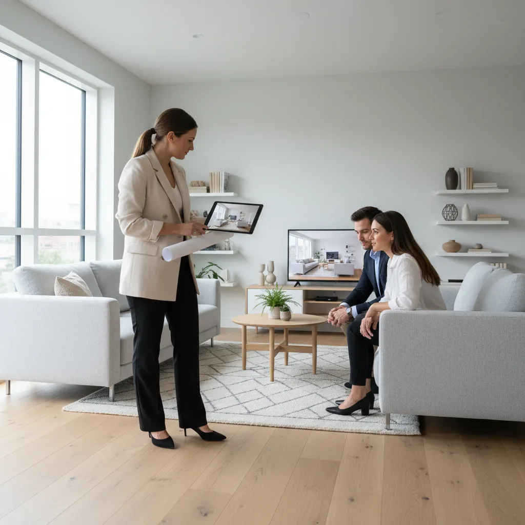 Diseñador mostrando un proyecto de interiorismo a clientes en una sala moderna