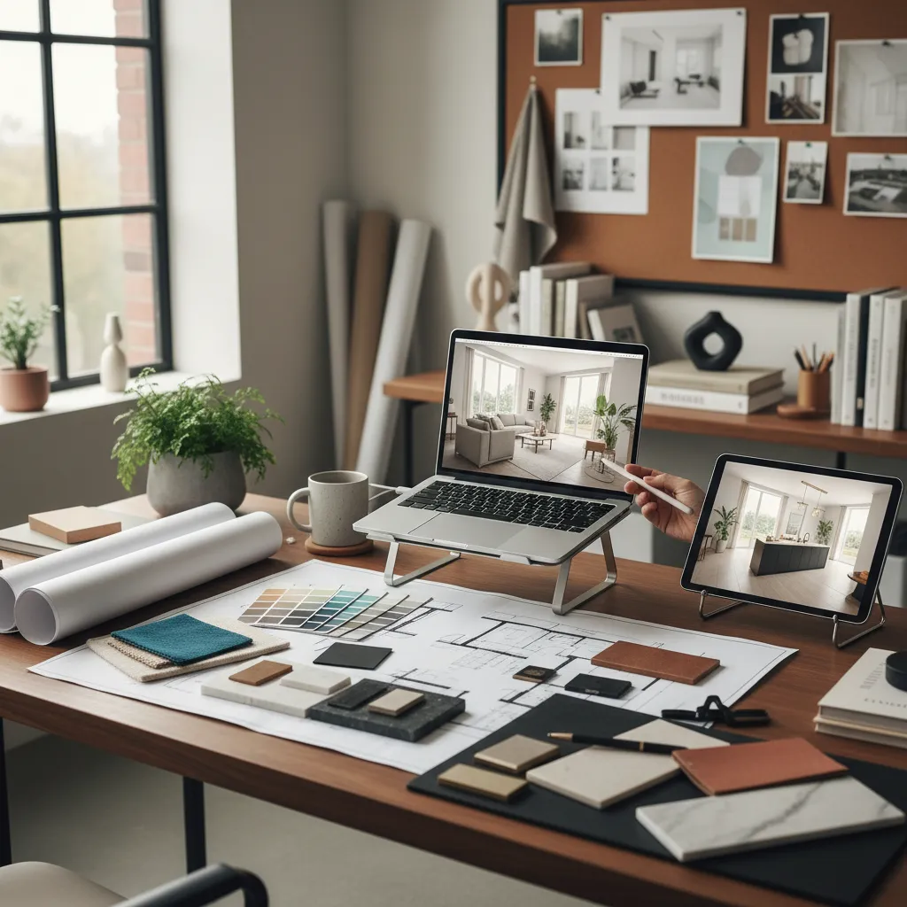 Interior design desk with floor plans material samples and laptop displaying modern room layout results