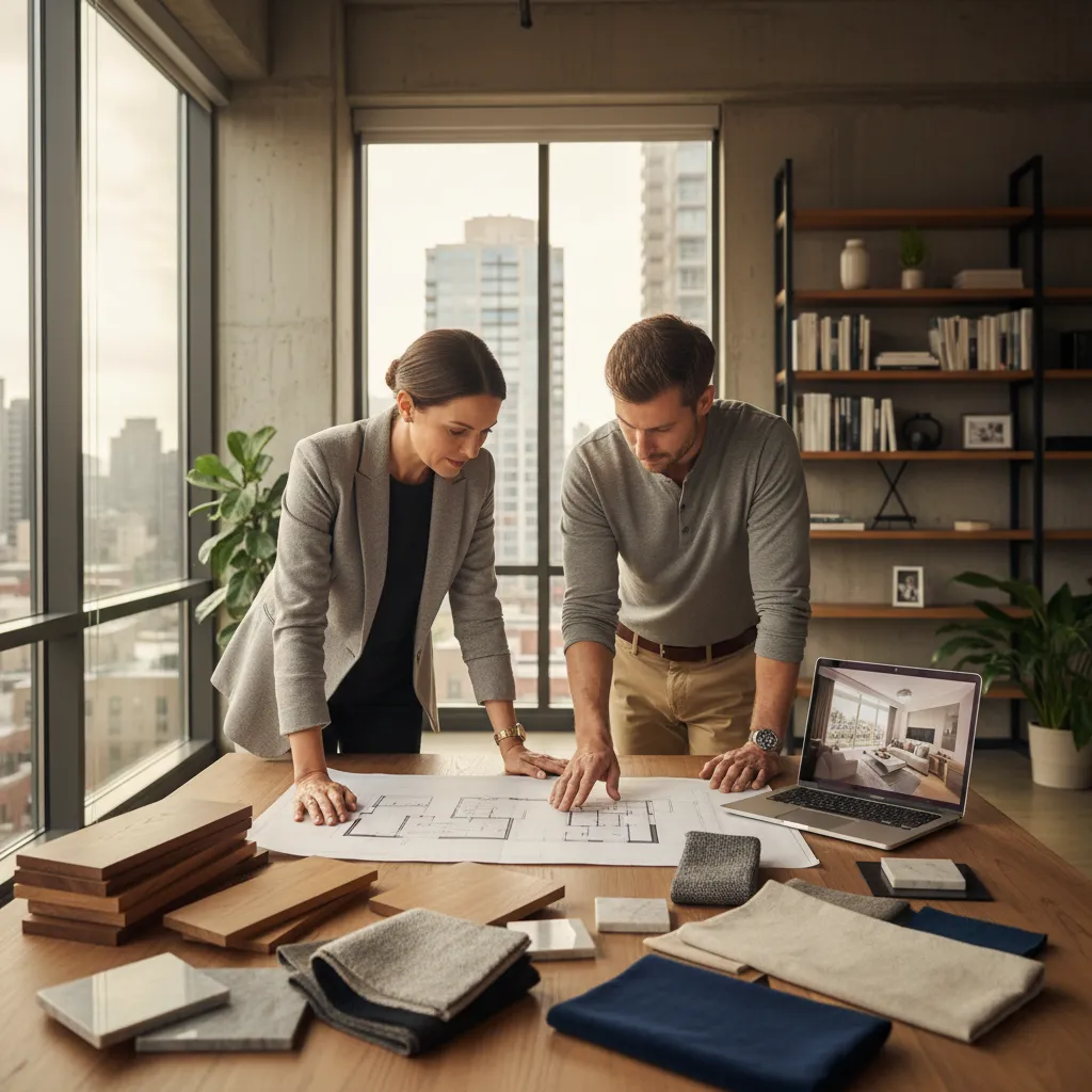 Diseñadora de interiores revisando planos y muestras de materiales para un proyecto residencial